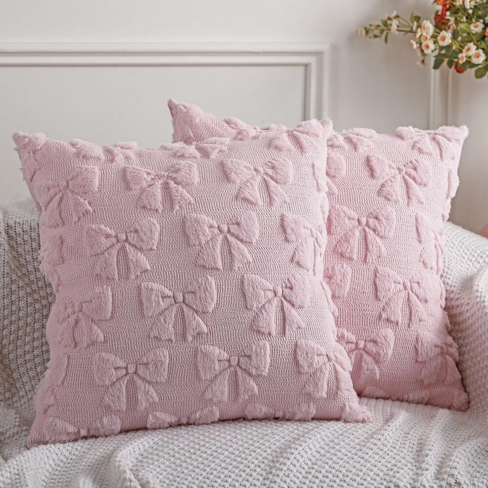 8711 Bow Pillow Covers Set of 2 Coquette Room Decor Cute Faux Fur Soft